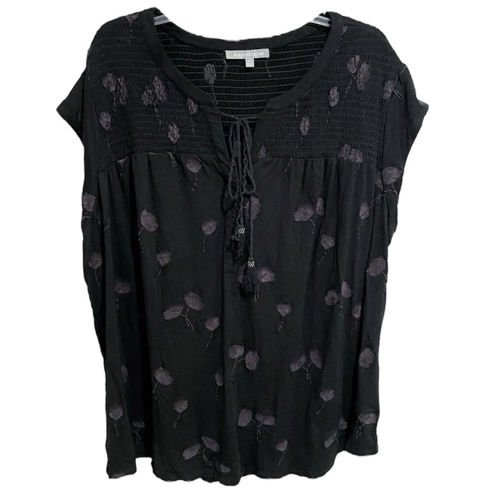 Daniel Rainn Comfy Emboridered Peasant Blouse Size 3X Black Tie Neck Fairy Goth